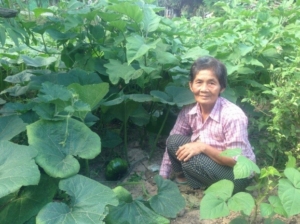 Photo of Mrs. Khut Roun crouching in her garden beside some squashes.