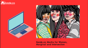 A presentation slide from Luviana introducing Konde.co. It shows an image of three women embracing each other and a laptop beside them.