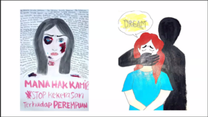 An image of two art works created by Fadia. On the left is a a drawing of a woman with a battered face and on the right is a woman whose mouth is being covered by a shadow behind her.