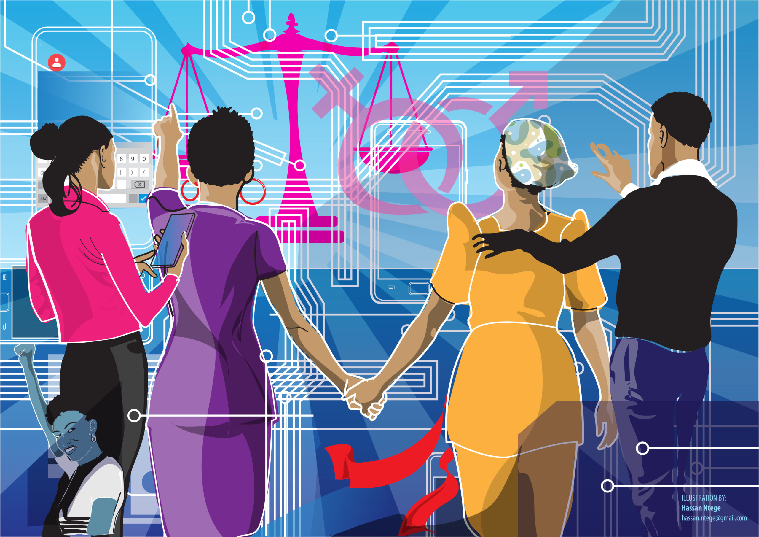 The image shows four people, three women and one man in what seems like a digital/techno space. They are looking at icons or symbols that represent the theme of digital gender quality.