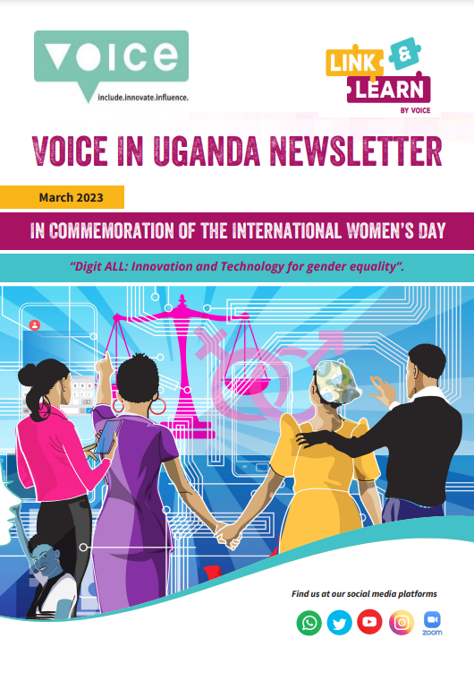 A Newsletter cover featuring a graphic image of three women and a man on their backs and looking into a space filled with symbols representing gender equality in technology.