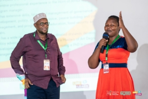Joan Letting (right) introducing the DLCI’s CEO Mr Jarso Mokku who took the participants through the process of advocating for policies. He also assisted in the formation of the Communities of Practice.